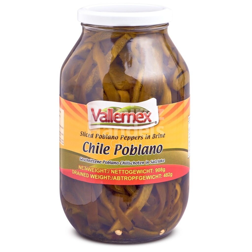 [MX2366] Chile Poblano en Rajas VALLEMEX 908 g